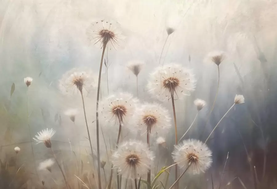 wall murals Цвеће маслачка меког фокуса у пољу, са замућеном текстурираном позадином пастелних боја w08432