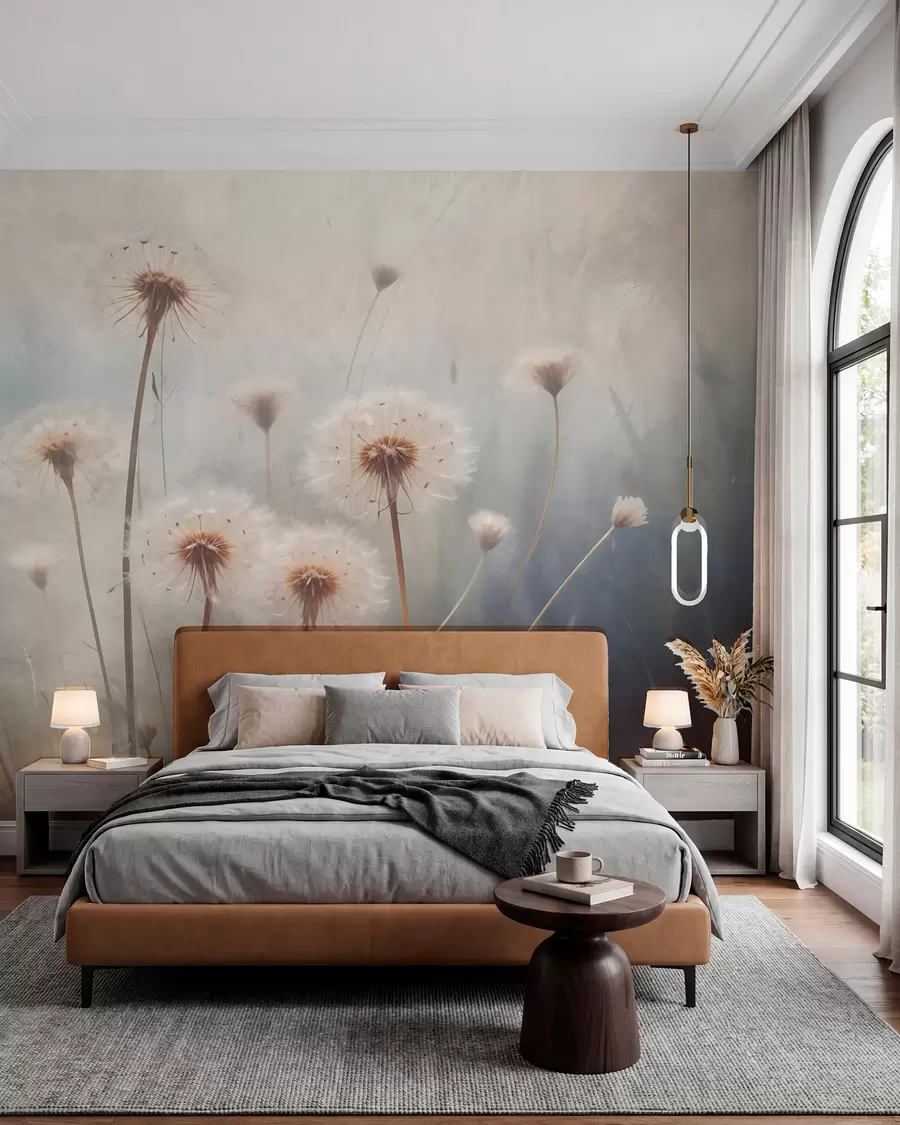 wall murals Цвеће маслачка меког фокуса у пољу, са замућеном текстурираном позадином пастелних боја w08432