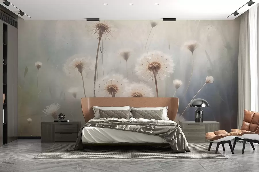 wall murals Цвеће маслачка меког фокуса у пољу, са замућеном текстурираном позадином пастелних боја w08432