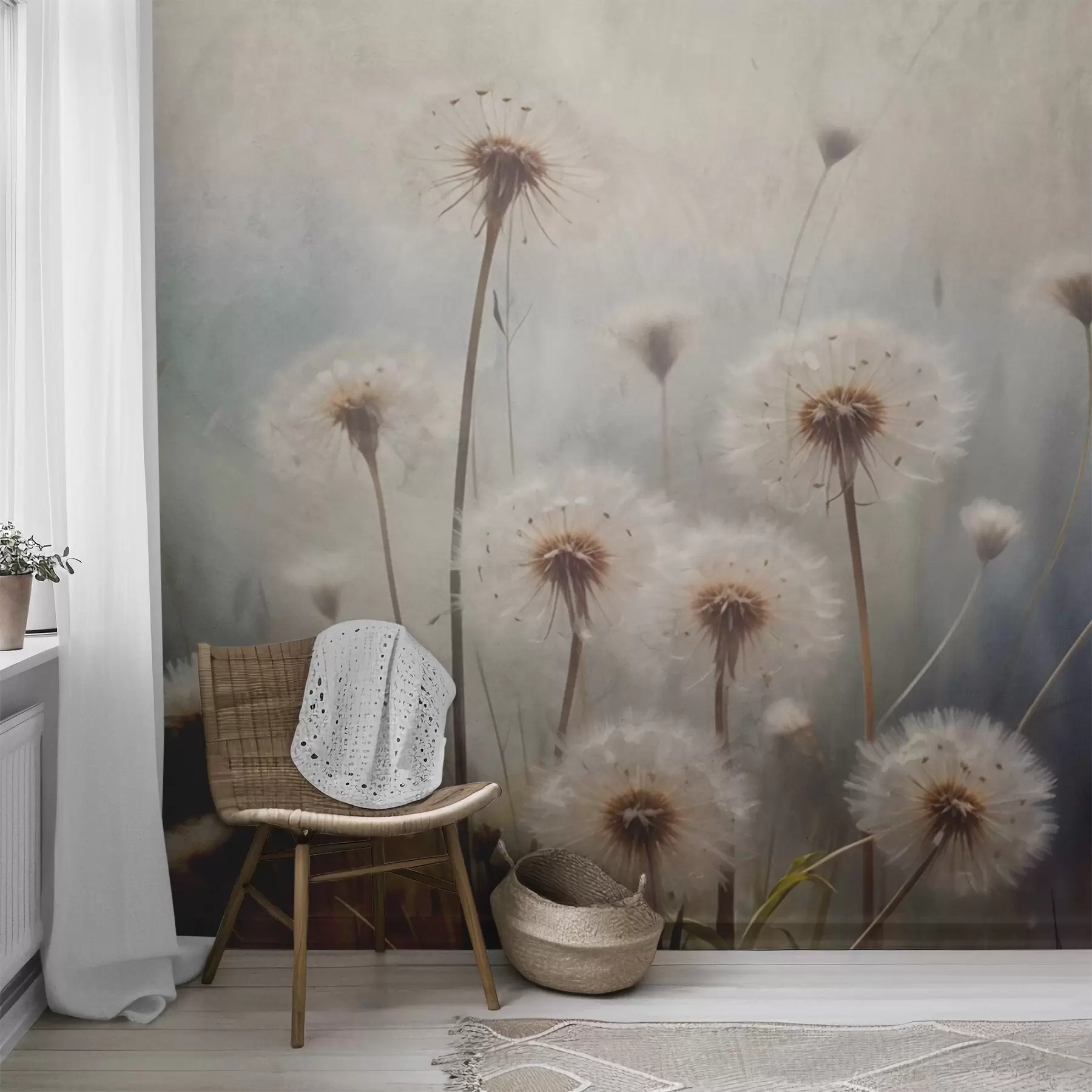 wall murals Цвеће маслачка меког фокуса у пољу, са замућеном текстурираном позадином пастелних боја w08432