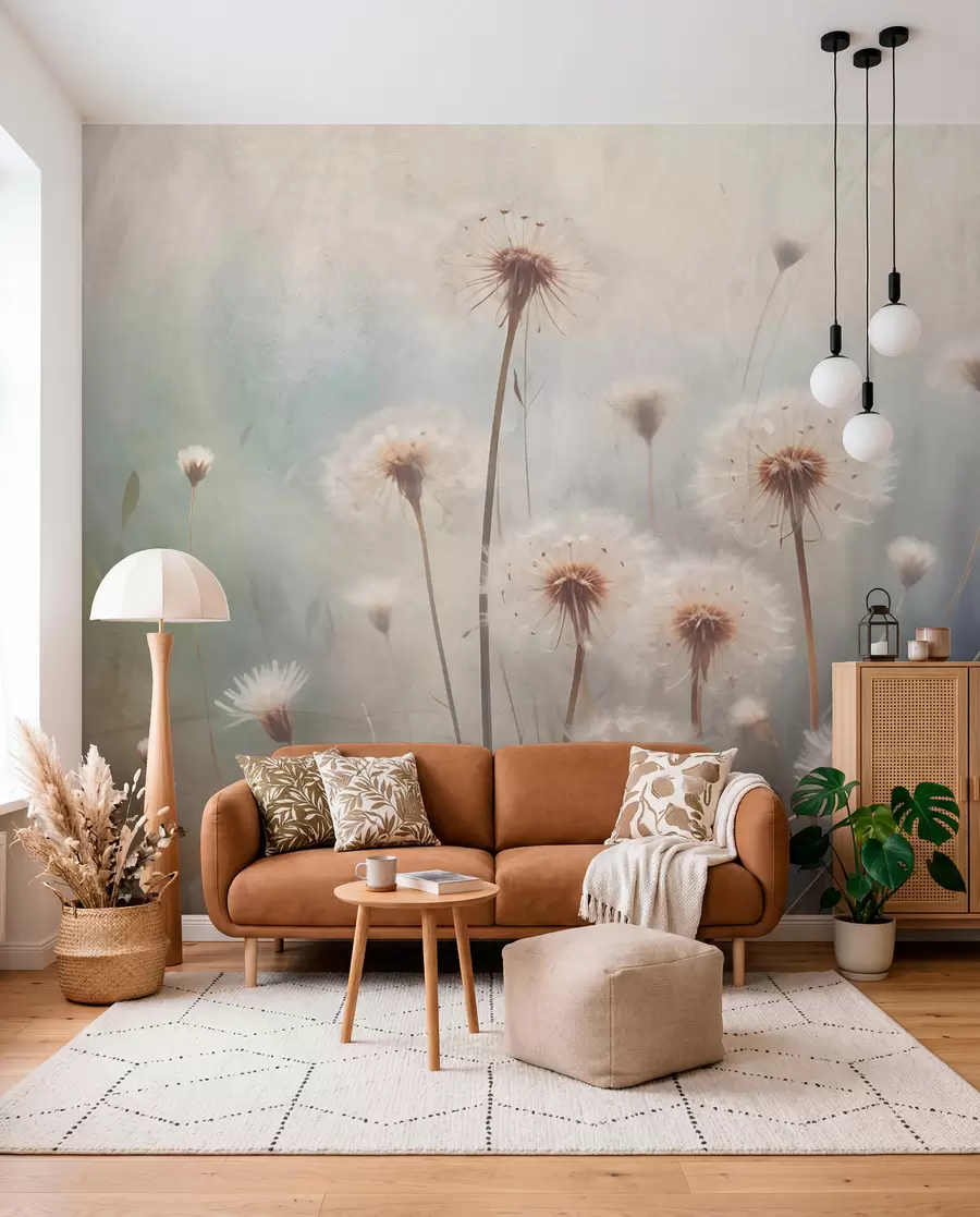 wall murals Цвеће маслачка меког фокуса у пољу, са замућеном текстурираном позадином пастелних боја w08432