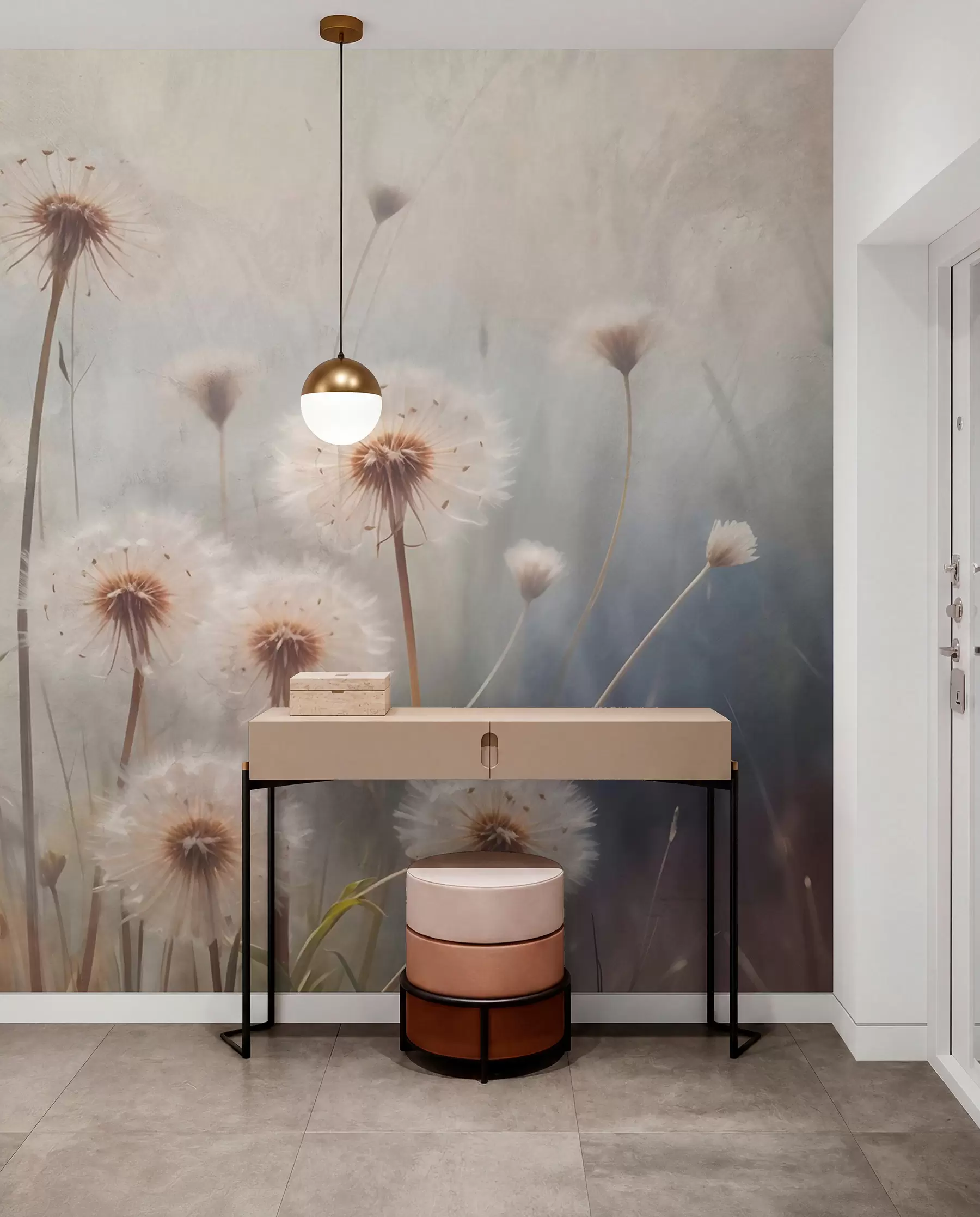 wall murals Цвеће маслачка меког фокуса у пољу, са замућеном текстурираном позадином пастелних боја w08432