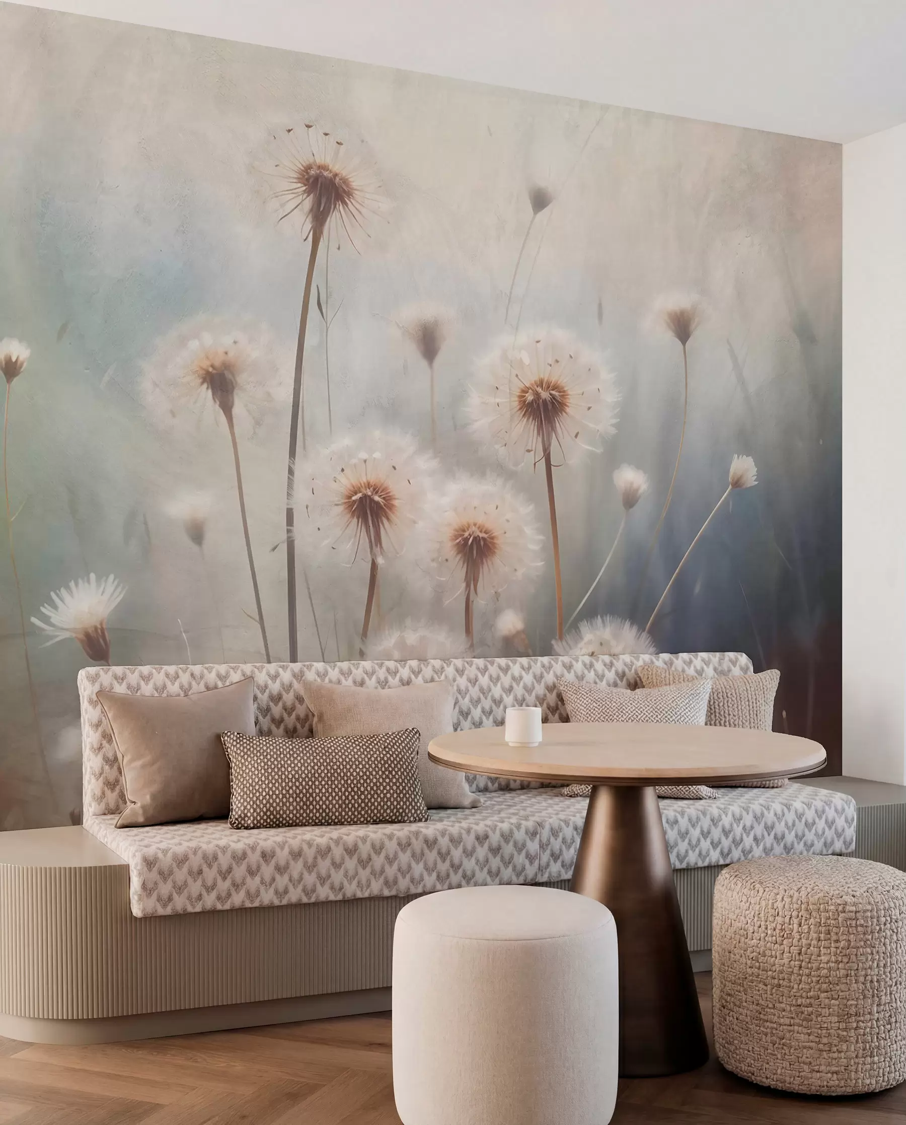 wall murals Цвеће маслачка меког фокуса у пољу, са замућеном текстурираном позадином пастелних боја w08432