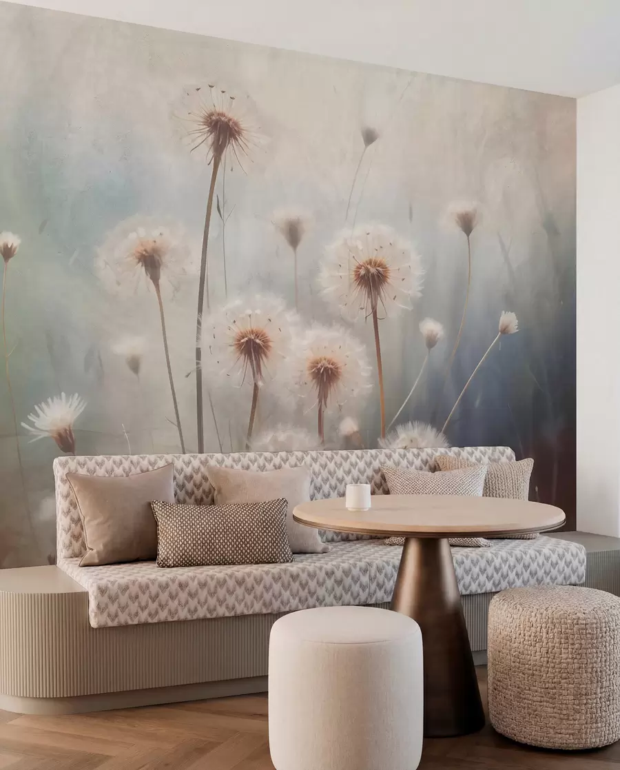 wall murals Цвеће маслачка меког фокуса у пољу, са замућеном текстурираном позадином пастелних боја w08432
