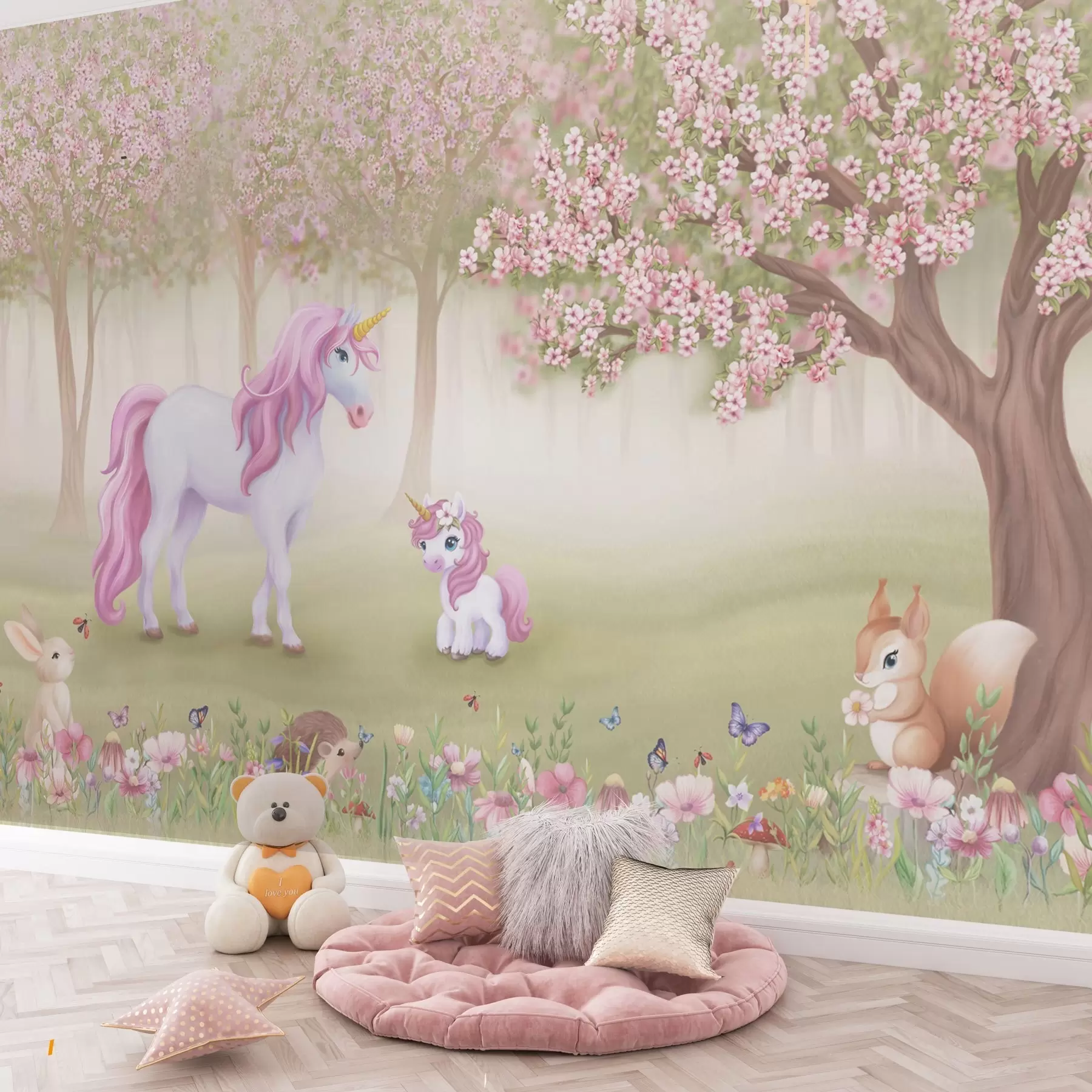 wall murals Једнорози у магичној шуми са животињама w02269