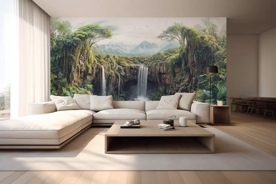 wall murals велика панорама кањона са дрвећем и водопадом w02294