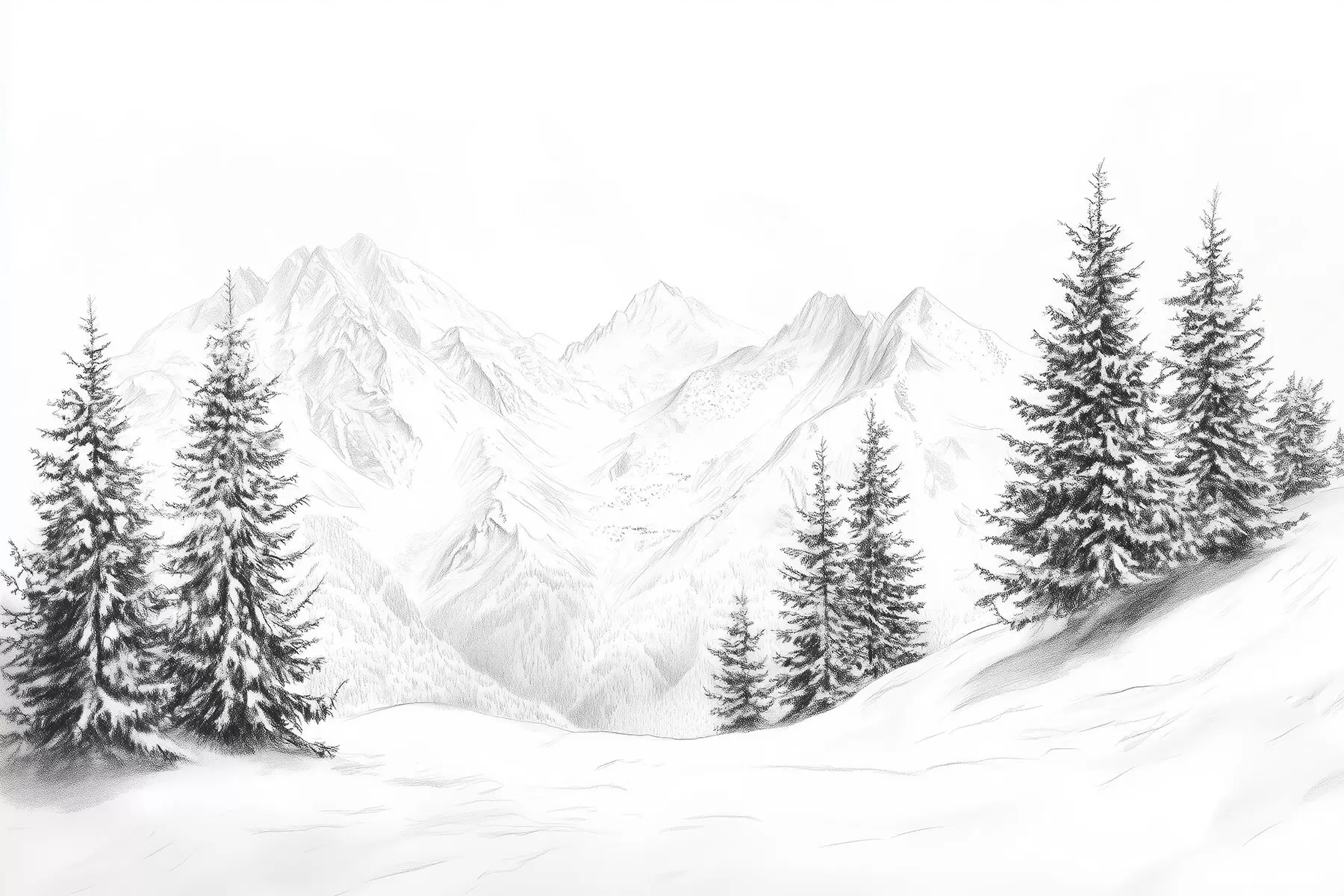 wall murals Снежне планине, цртеж у стилу оловке, минимализам, шума, природа w02351