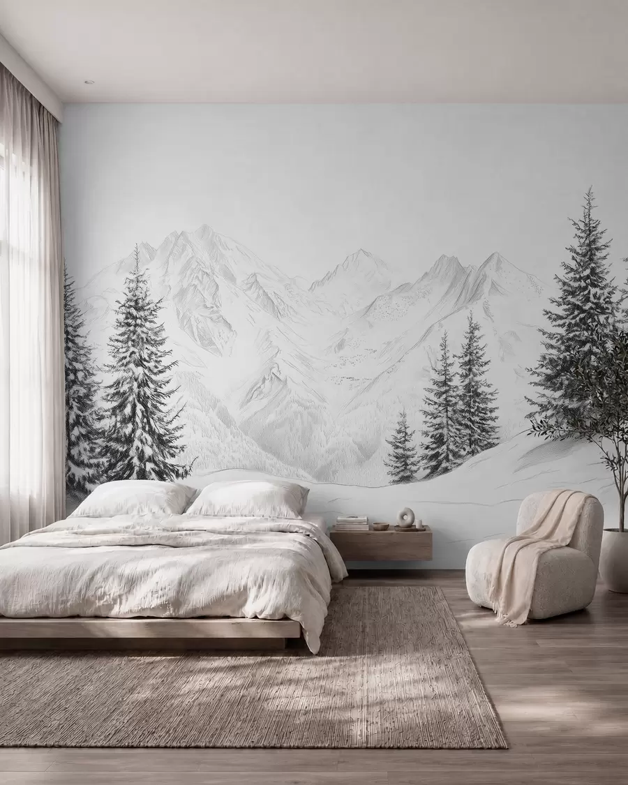 wall murals Снежне планине, цртеж у стилу оловке, минимализам, шума, природа w02351