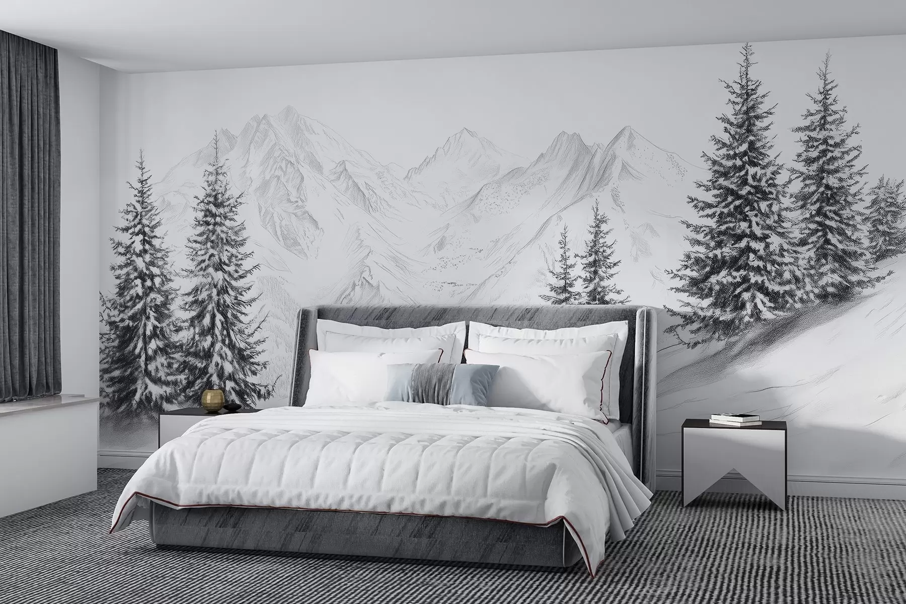 wall murals Снежне планине, цртеж у стилу оловке, минимализам, шума, природа w02351