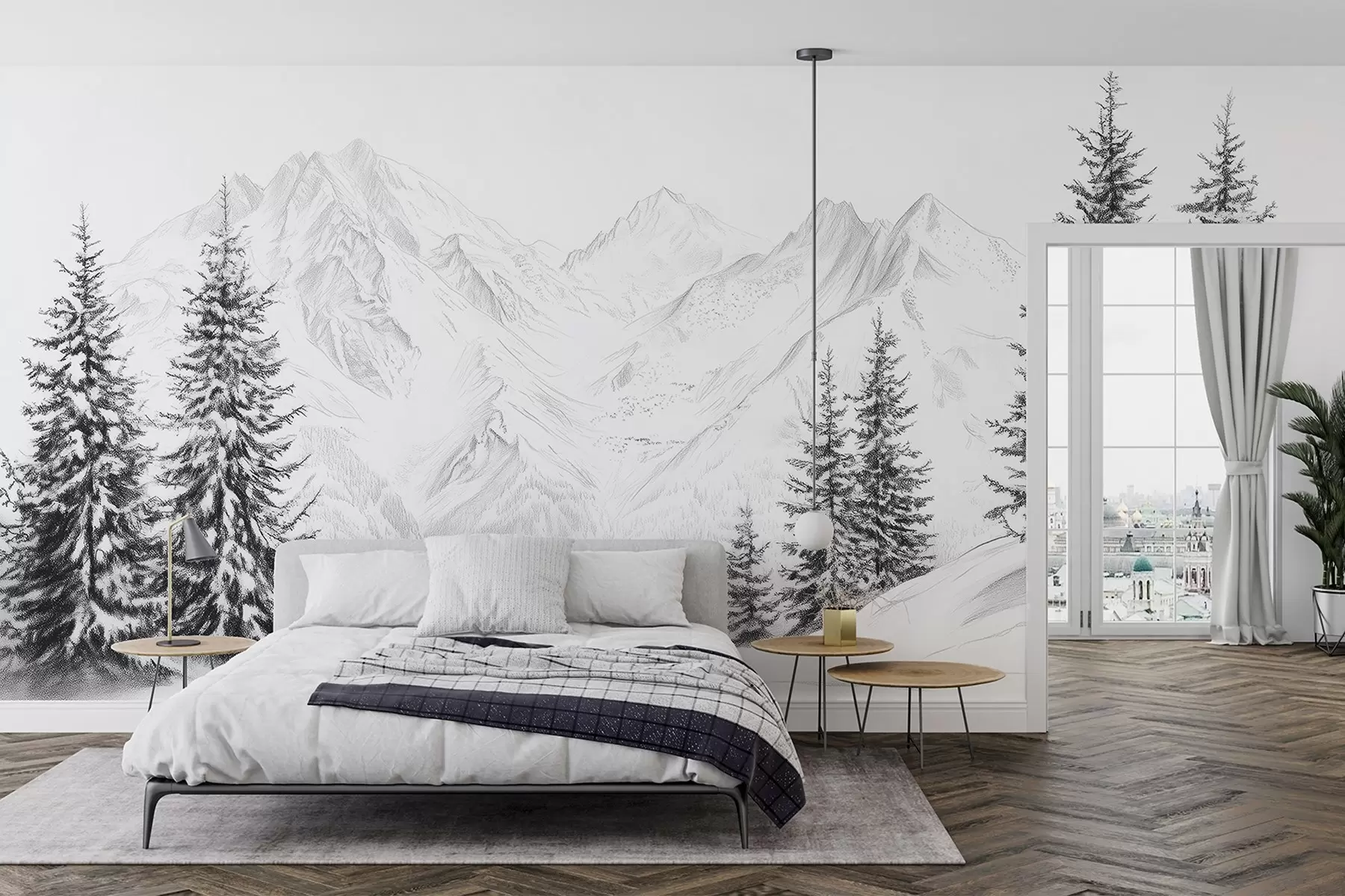 wall murals Снежне планине, цртеж у стилу оловке, минимализам, шума, природа w02351