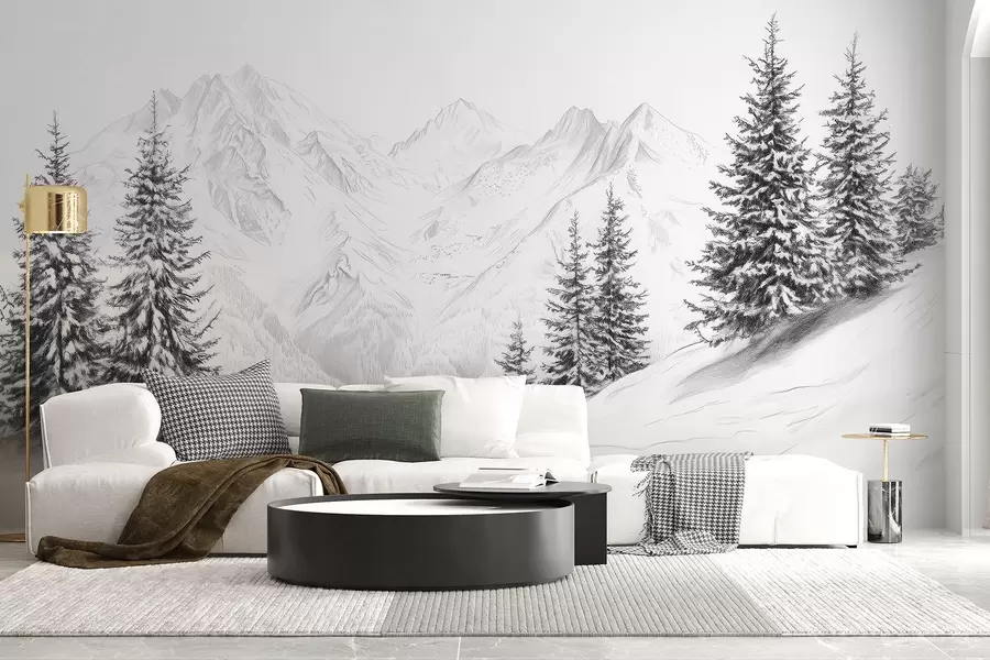 wall murals Снежне планине, цртеж у стилу оловке, минимализам, шума, природа w02351