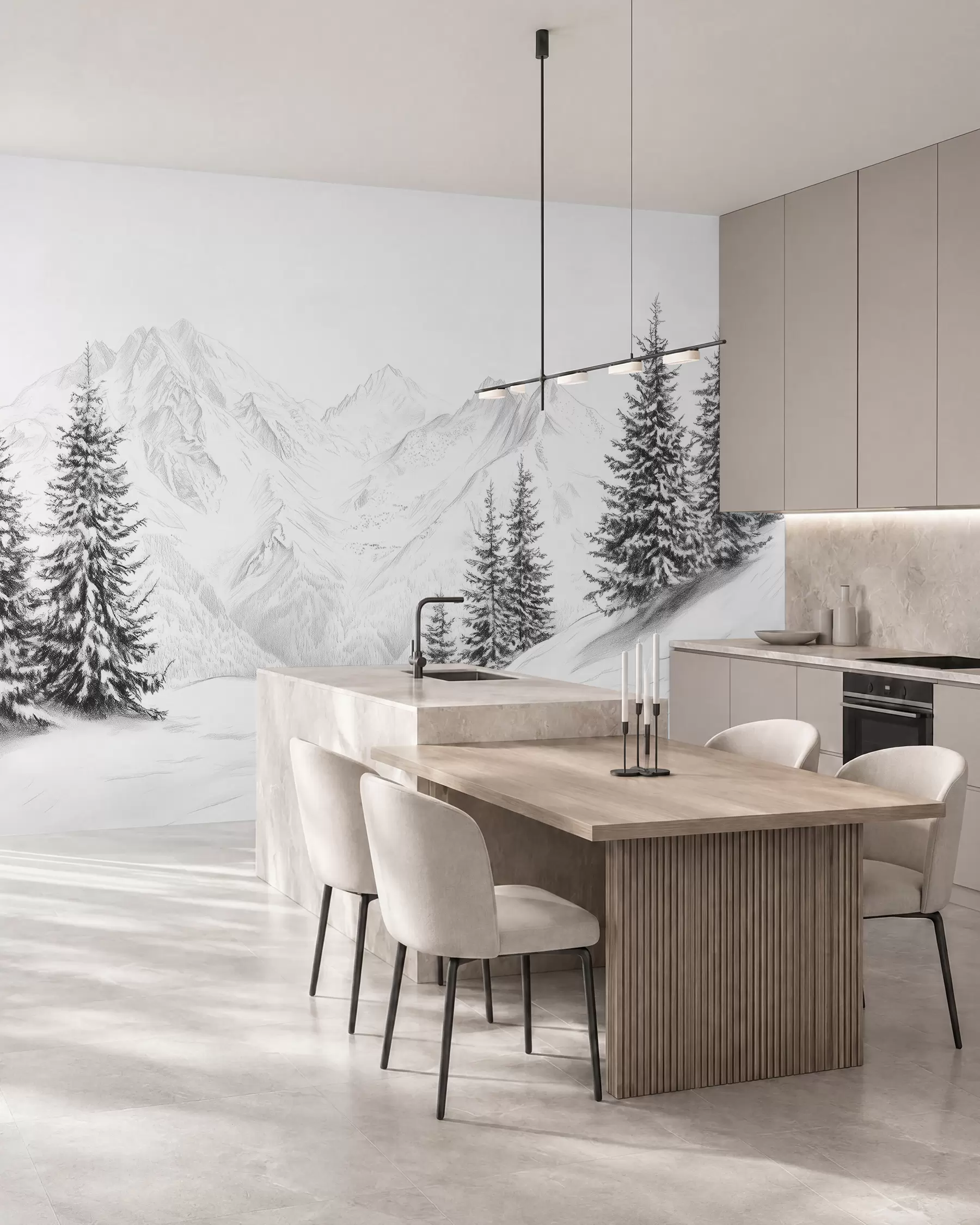 wall murals Снежне планине, цртеж у стилу оловке, минимализам, шума, природа w02351