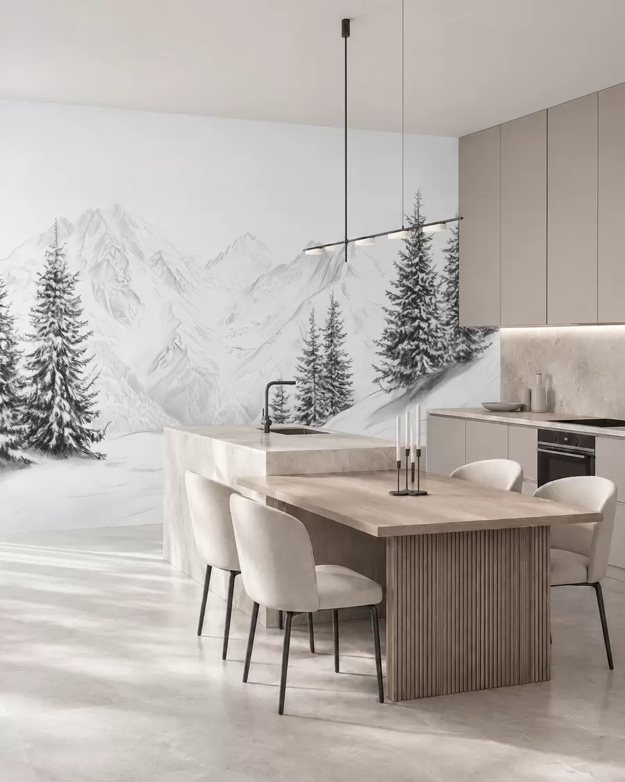 wall murals Снежне планине, цртеж у стилу оловке, минимализам, шума, природа w02351