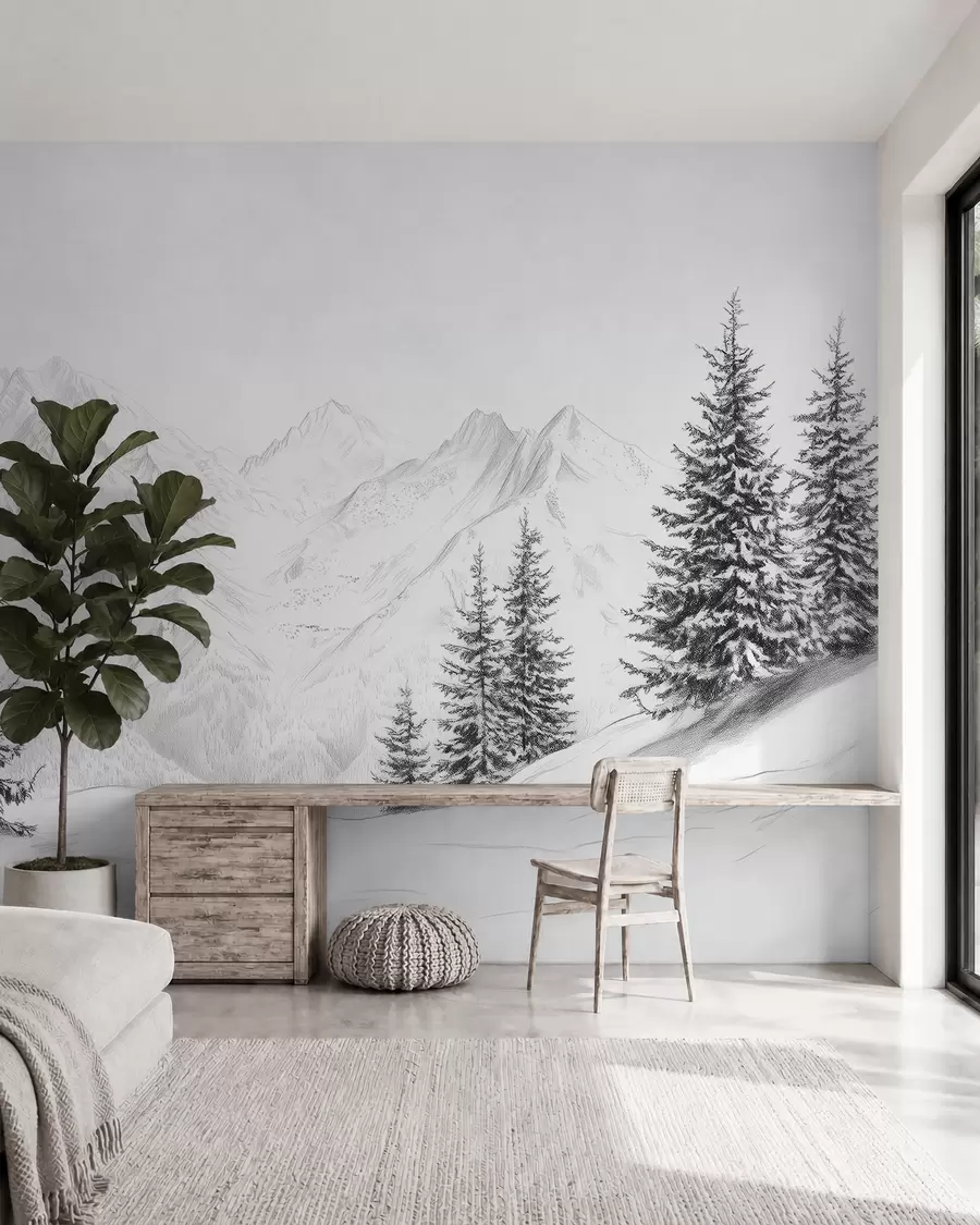 wall murals Снежне планине, цртеж у стилу оловке, минимализам, шума, природа w02351