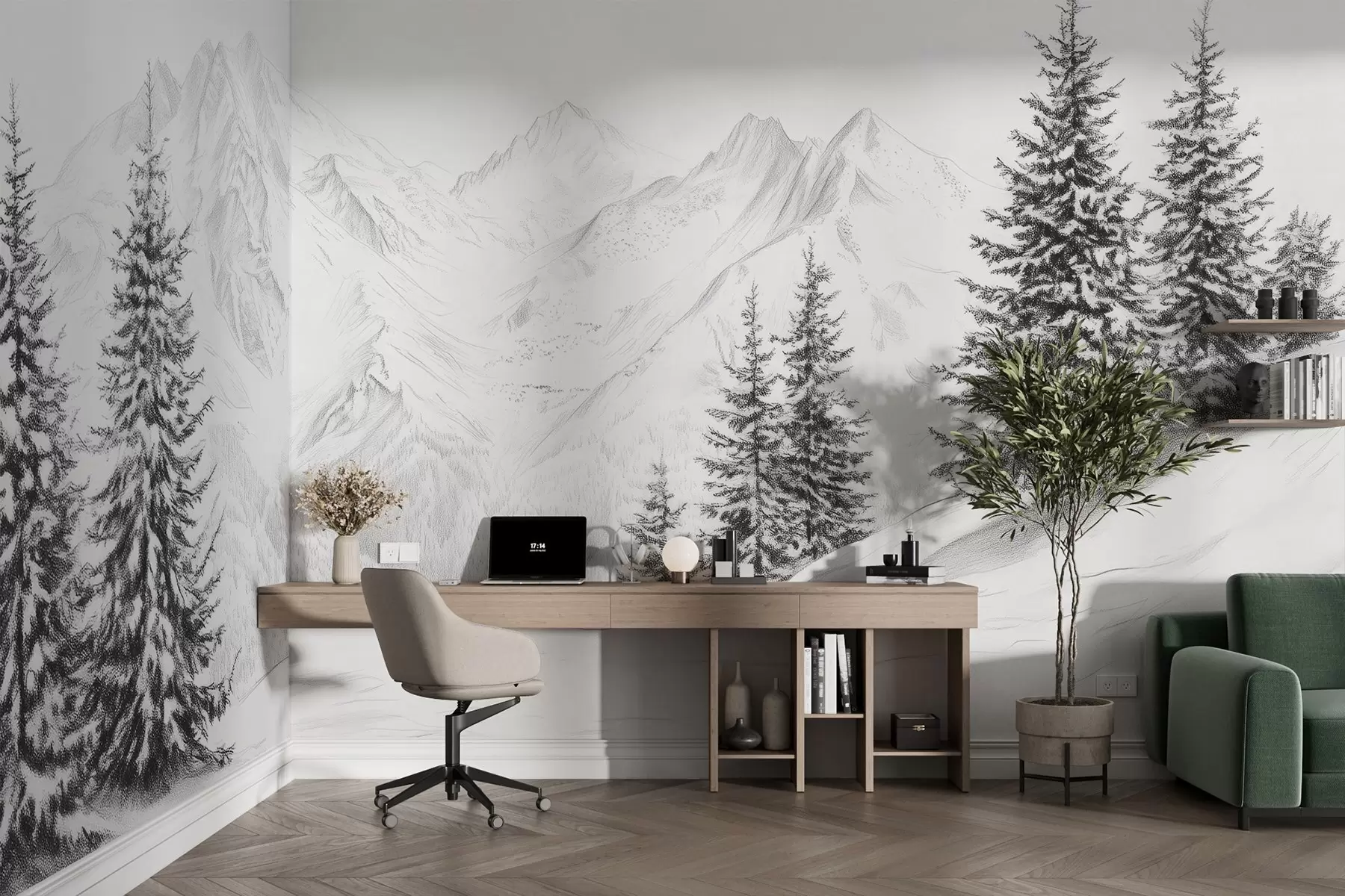 wall murals Снежне планине, цртеж у стилу оловке, минимализам, шума, природа w02351