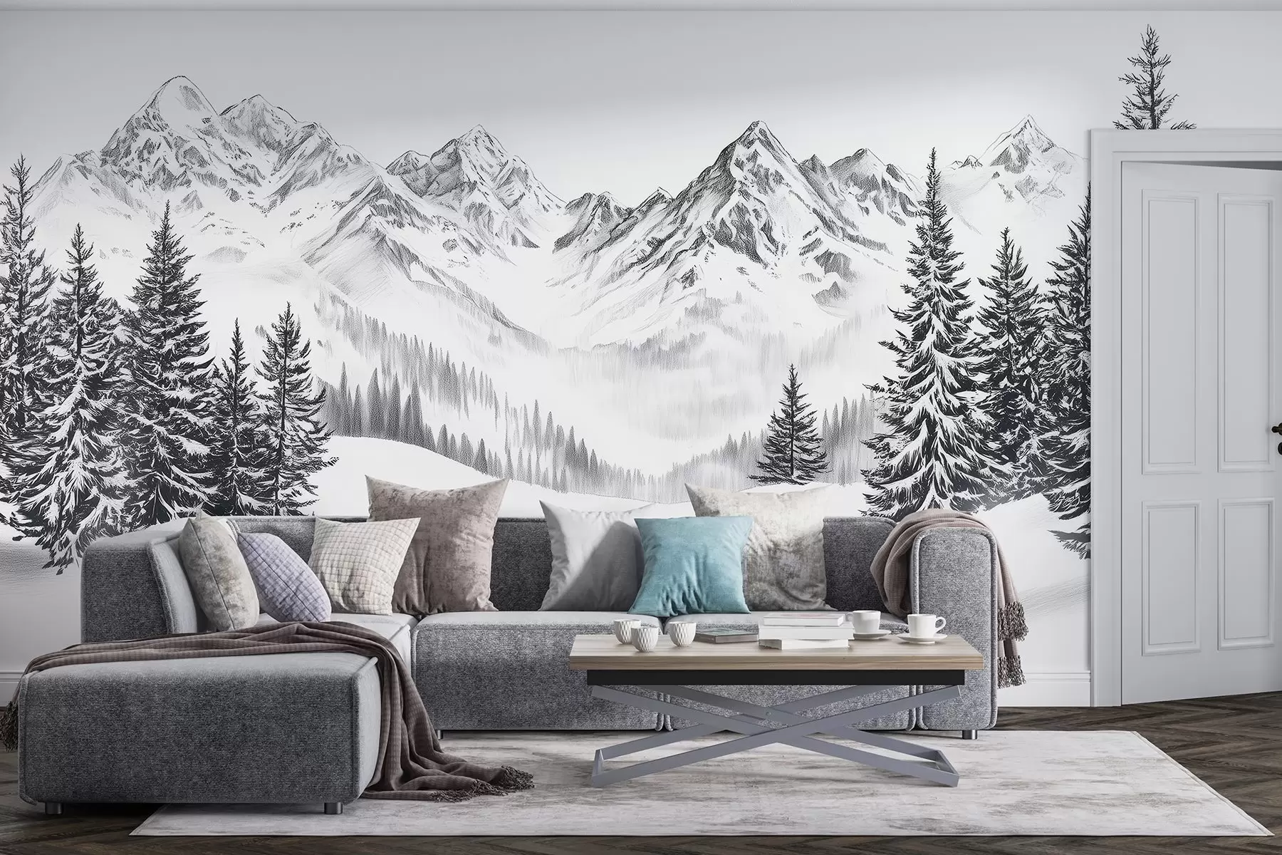 wall murals Алпске планине у снегу, стил оловке, минимализам w02352