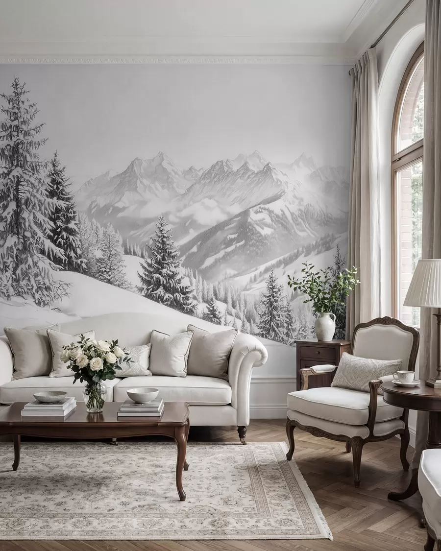 wall murals Зима у планинама, шума, Алпи, цртеж у стилу оловке, пејзажи природе w02353