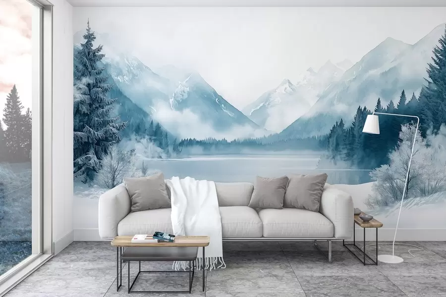 wall murals Зимске планине, залеђено језеро, борова шума, плава палета боја, акварел стил w02354
