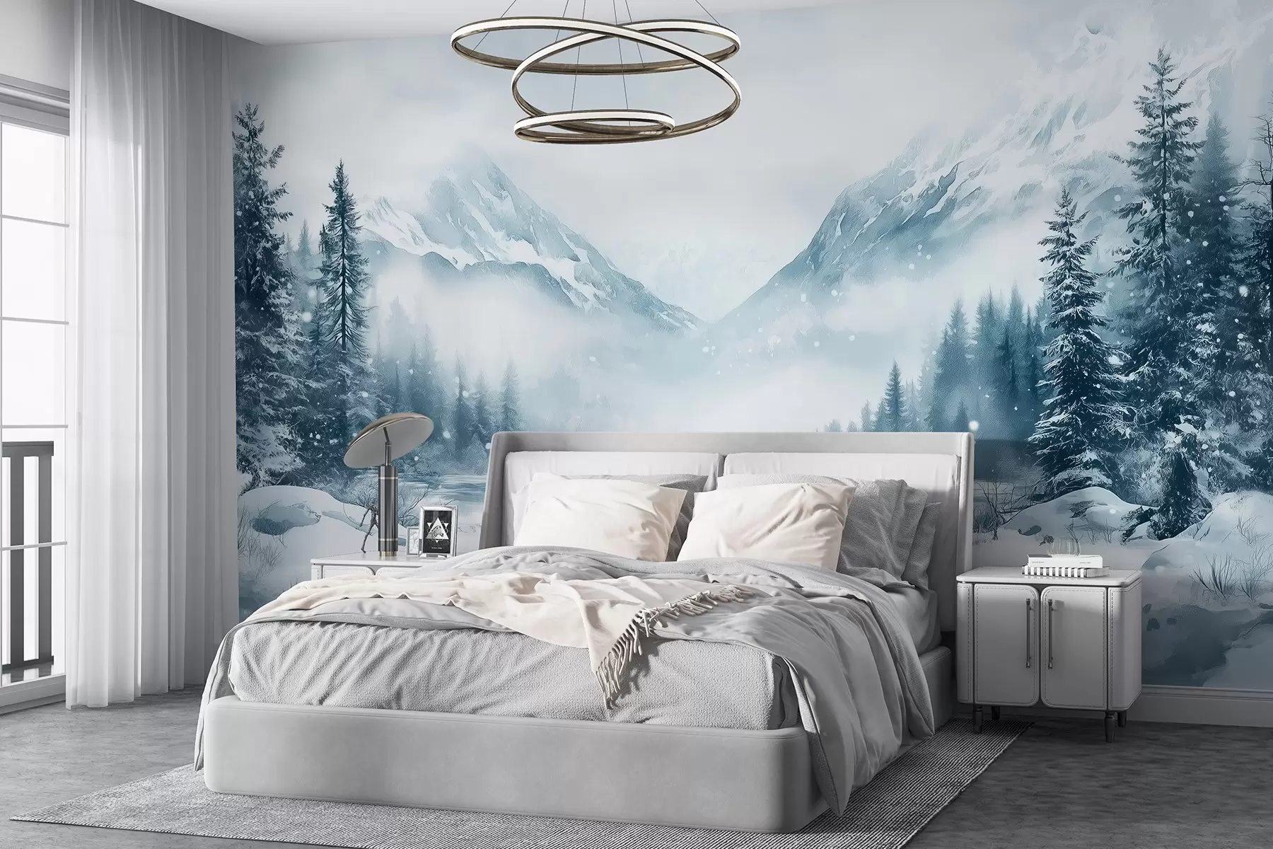 wall murals Алпске планине у снегу, акварел стил, зима, плаве боје, борови w02356