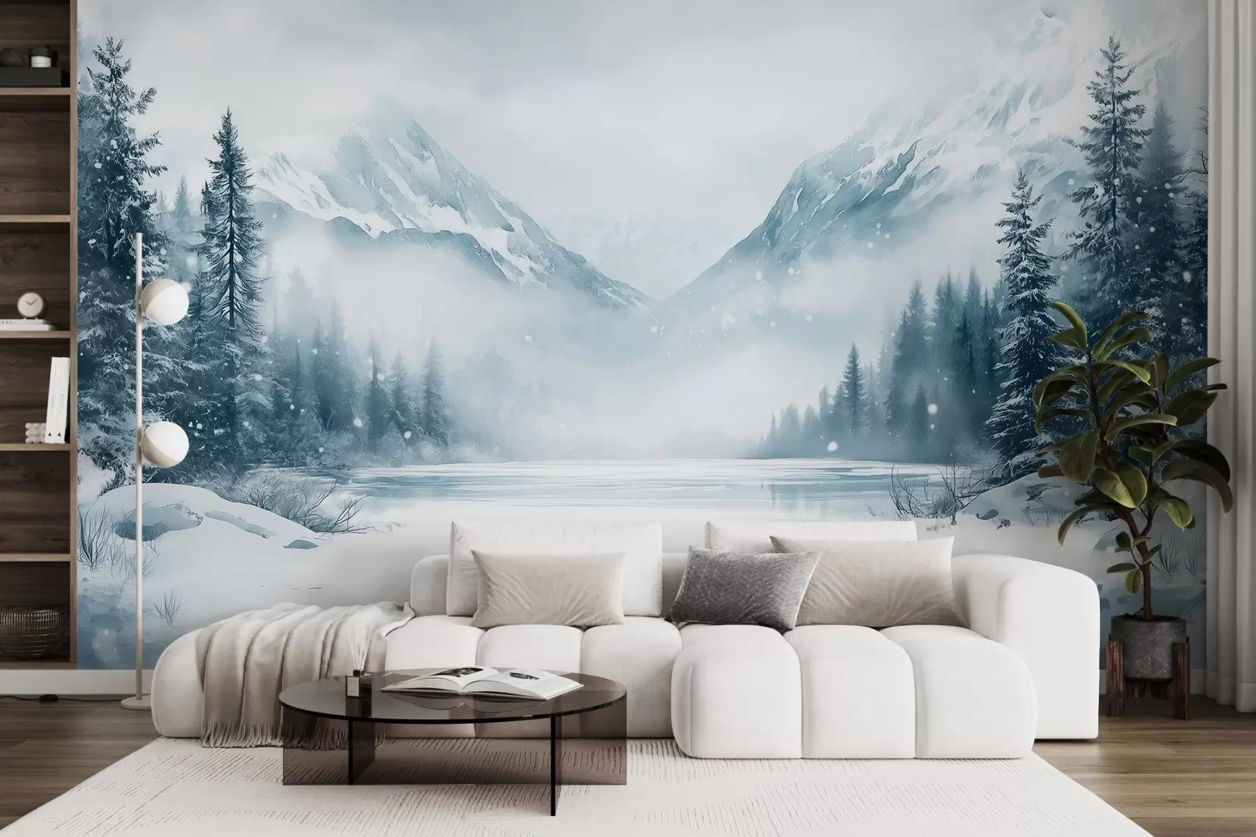 wall murals Алпске планине у снегу, акварел стил, зима, плаве боје, борови w02356