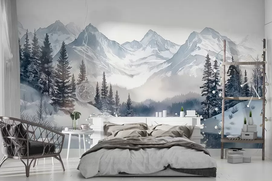 wall murals Планине са језером, зима, шума, небо заласка сунца, природа w02357