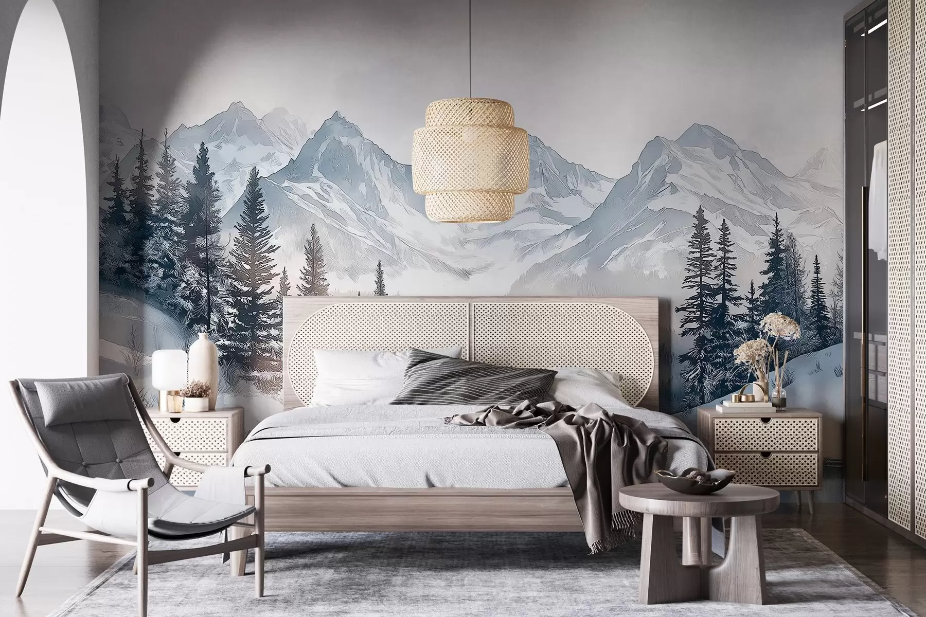 wall murals Планине са језером, зима, шума, небо заласка сунца, природа w02357