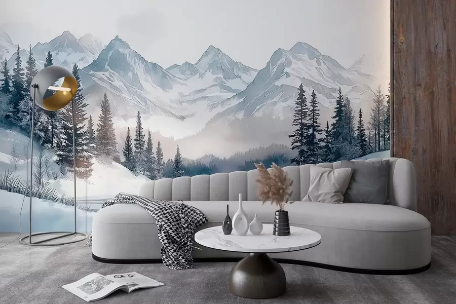 wall murals Планине са језером, зима, шума, небо заласка сунца, природа w02357