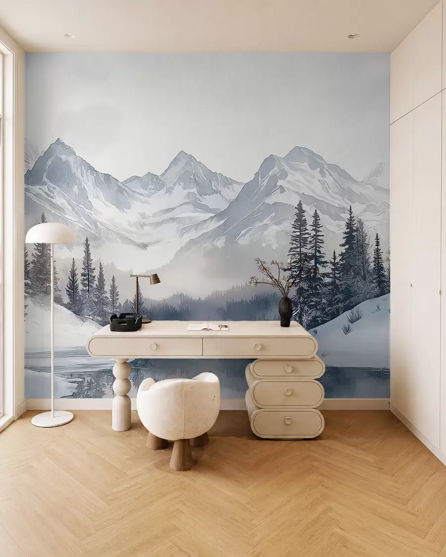 wall murals Планине са језером, зима, шума, небо заласка сунца, природа w02357