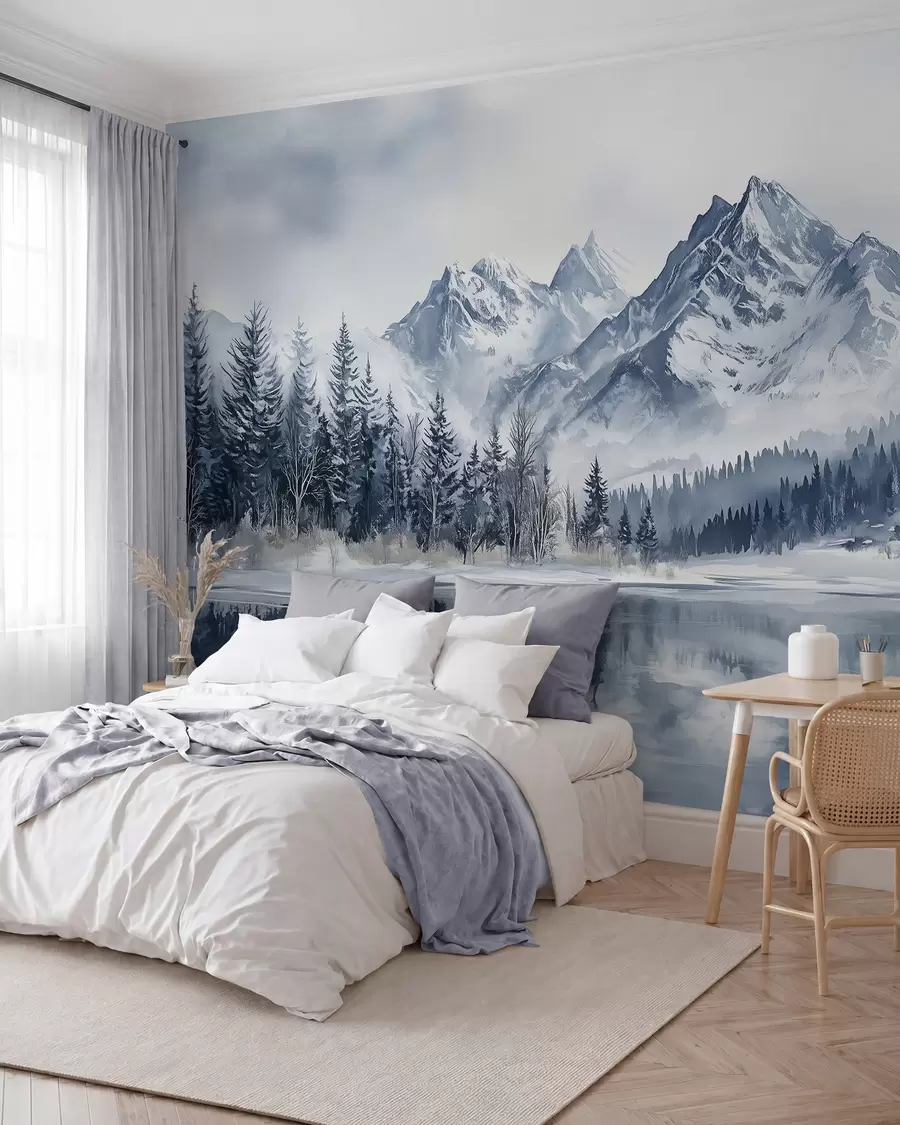wall murals Алпи у снегу, зимска шума, залеђено језеро, плава палета боја w02358