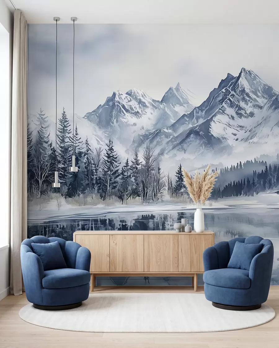 wall murals Алпи у снегу, зимска шума, залеђено језеро, плава палета боја w02358