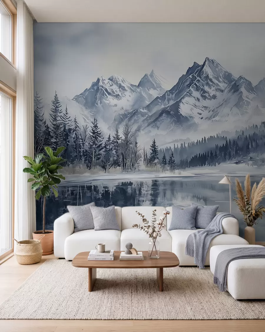 wall murals Алпи у снегу, зимска шума, залеђено језеро, плава палета боја w02358
