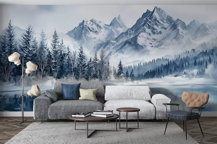 wall murals Алпи у снегу, зимска шума, залеђено језеро, плава палета боја w02358