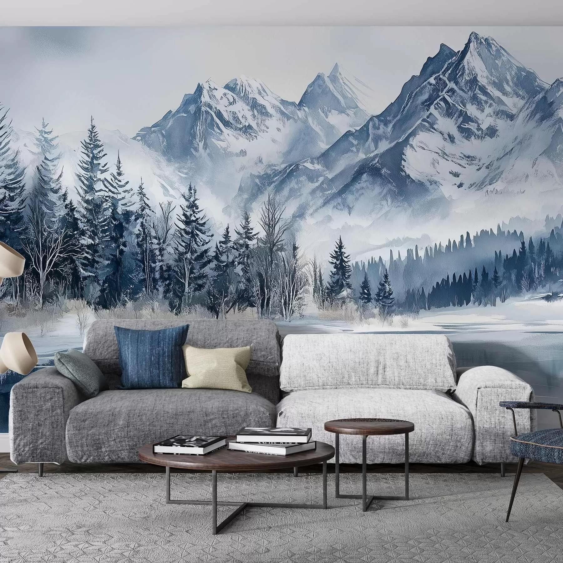 wall murals Алпи у снегу, зимска шума, залеђено језеро, плава палета боја w02358