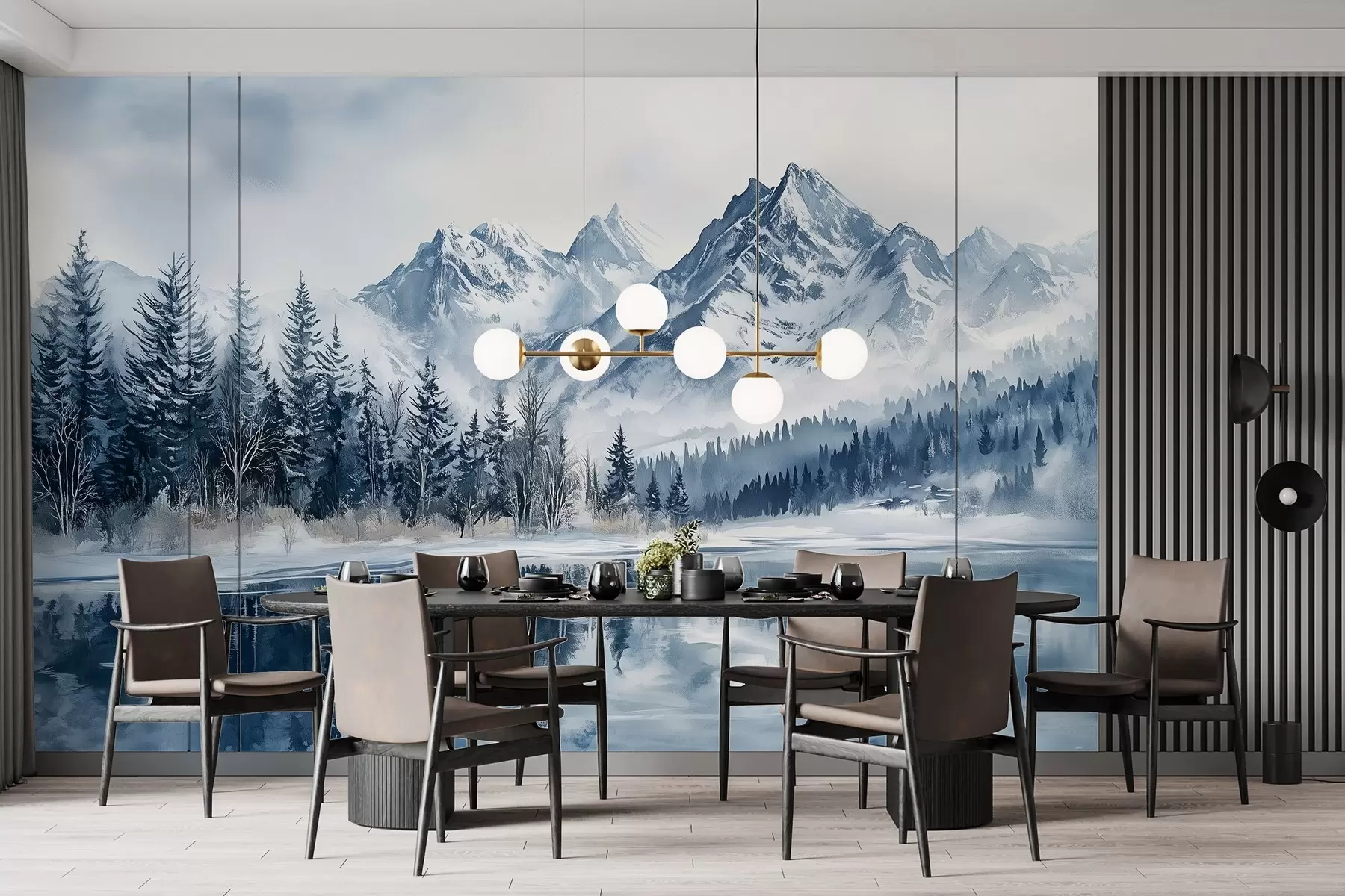 wall murals Алпи у снегу, зимска шума, залеђено језеро, плава палета боја w02358
