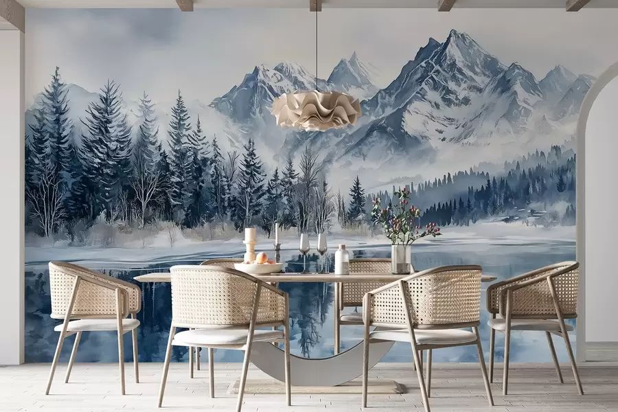 wall murals Алпи у снегу, зимска шума, залеђено језеро, плава палета боја w02358