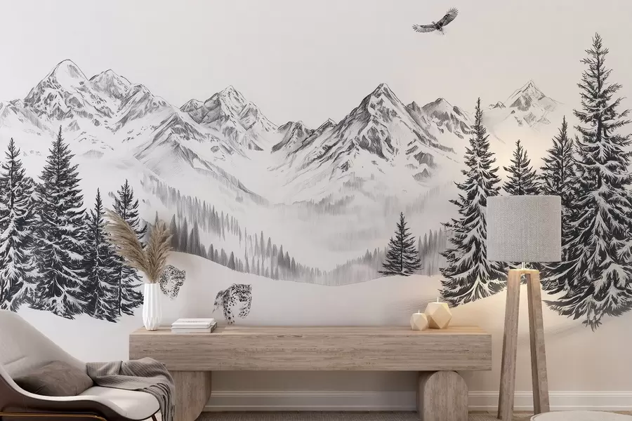 wall murals Зимске планине, снежни леопарди, борова шума, цртеж оловком, летећи орао w02360