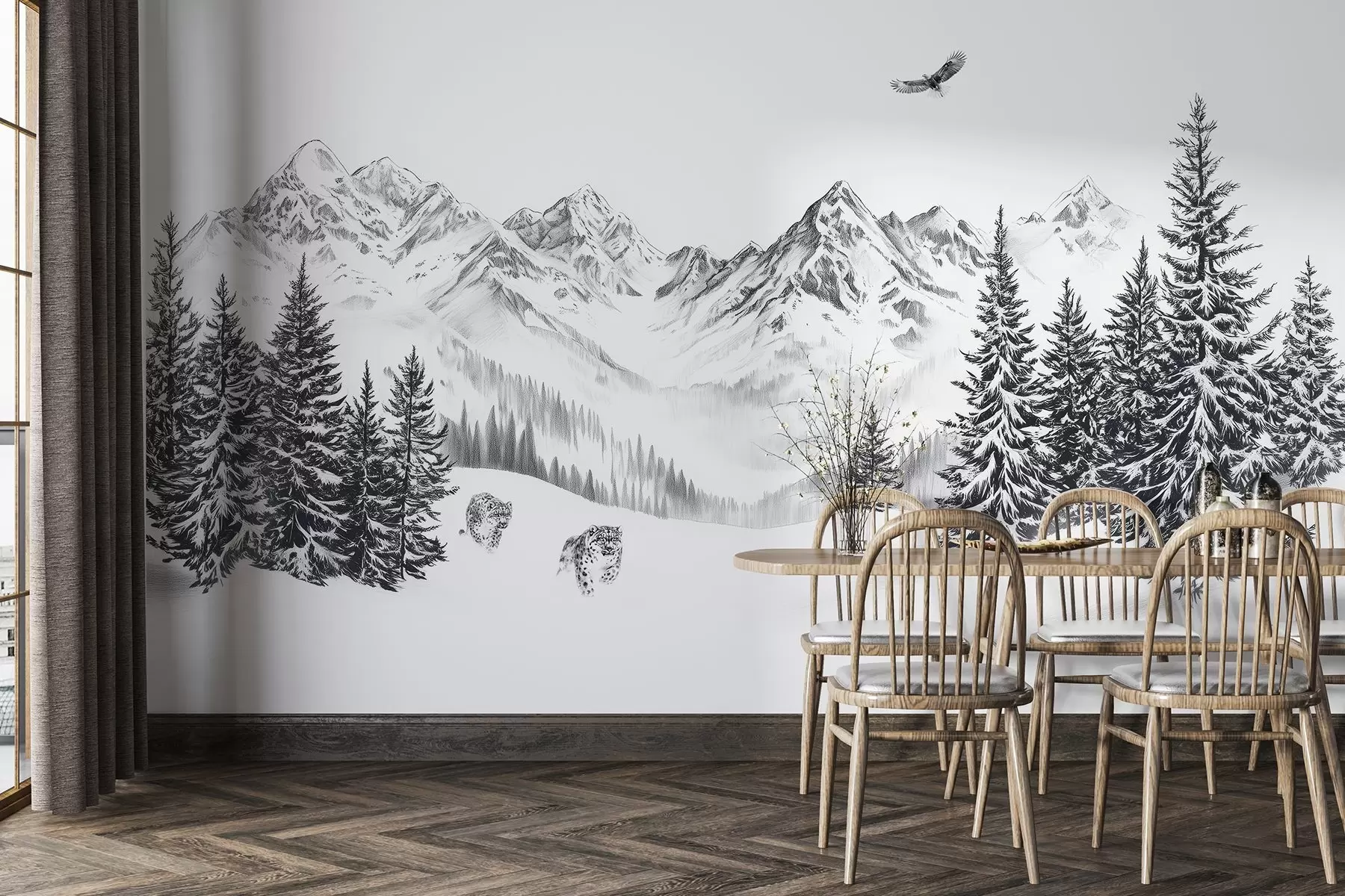 wall murals Зимске планине, снежни леопарди, борова шума, цртеж оловком, летећи орао w02360