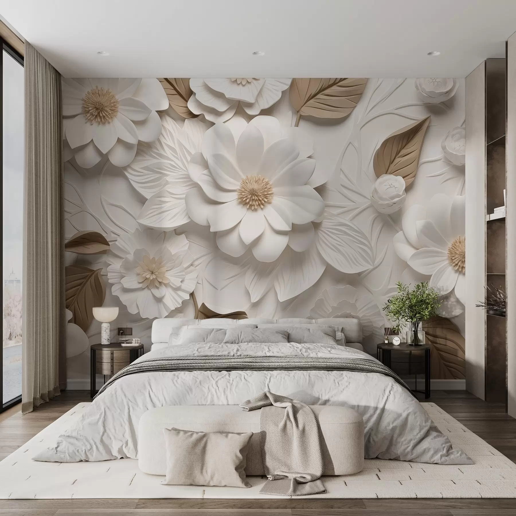 wall murals Волуметријско цвеће од гипса у две боје w02006
