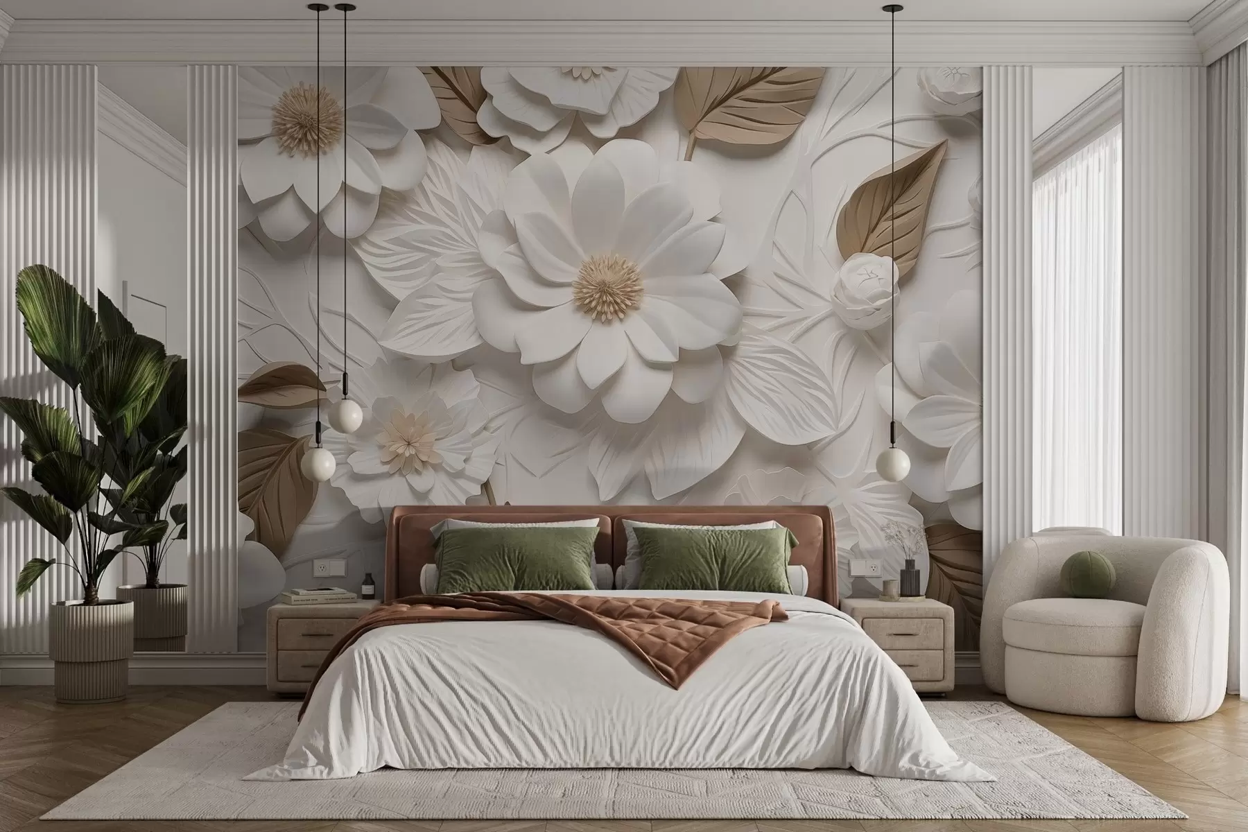 wall murals Волуметријско цвеће од гипса у две боје w02006