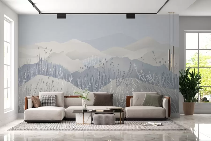 wall murals Магловите планине и пољске траве и цвеће у плавим тоновима w02317v1