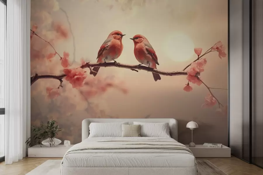 wall murals Спокојан и романтичан призор са две птичице које седе на деликатној грани украшеној бледо ружичастим цвећем w02343