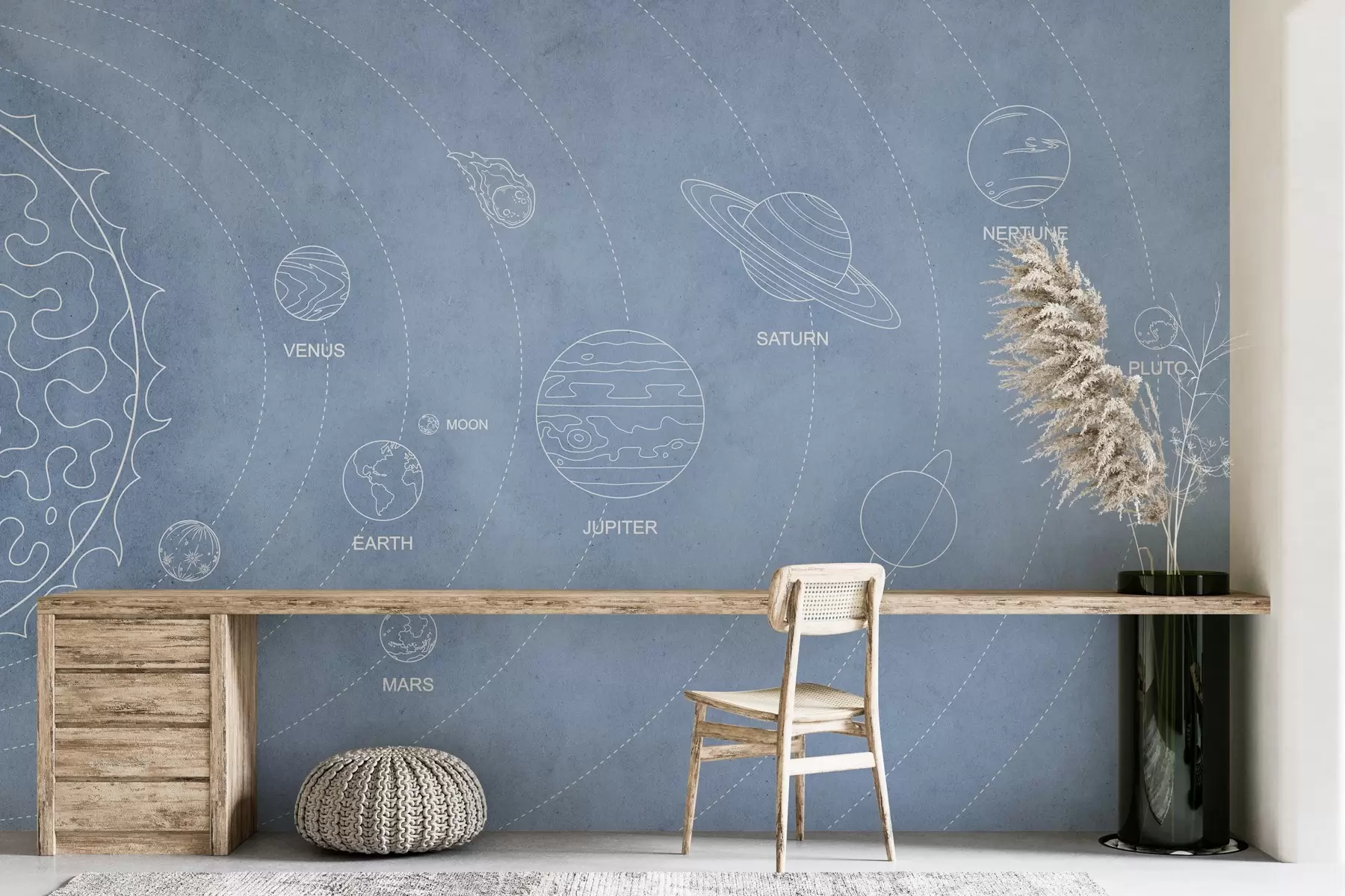 wall murals Соларни систем у минималистичком стилу на плавој текстурираној позадини w02344v1