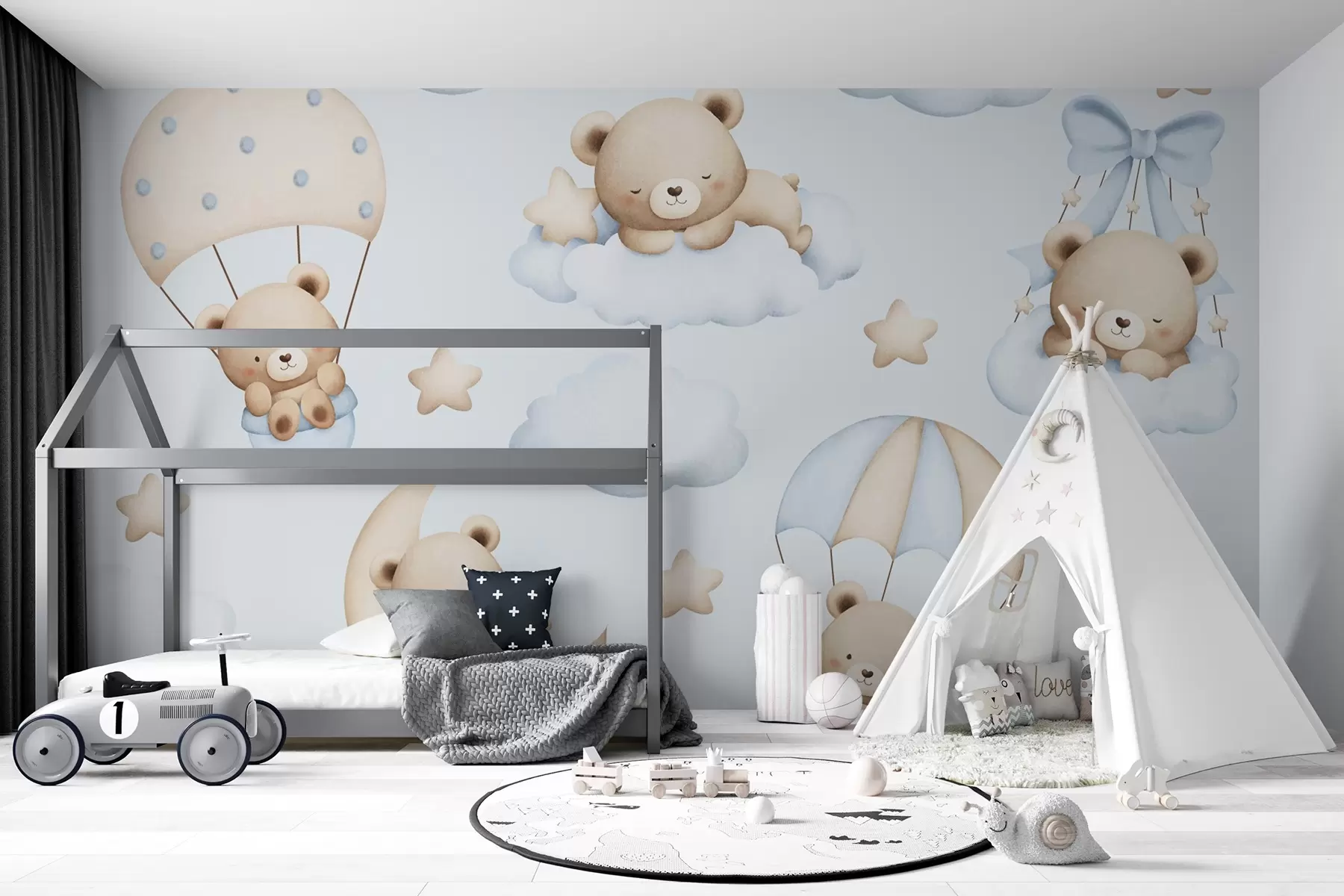wall murals Медведи на падобранима и облаци на плавој позадини w02385