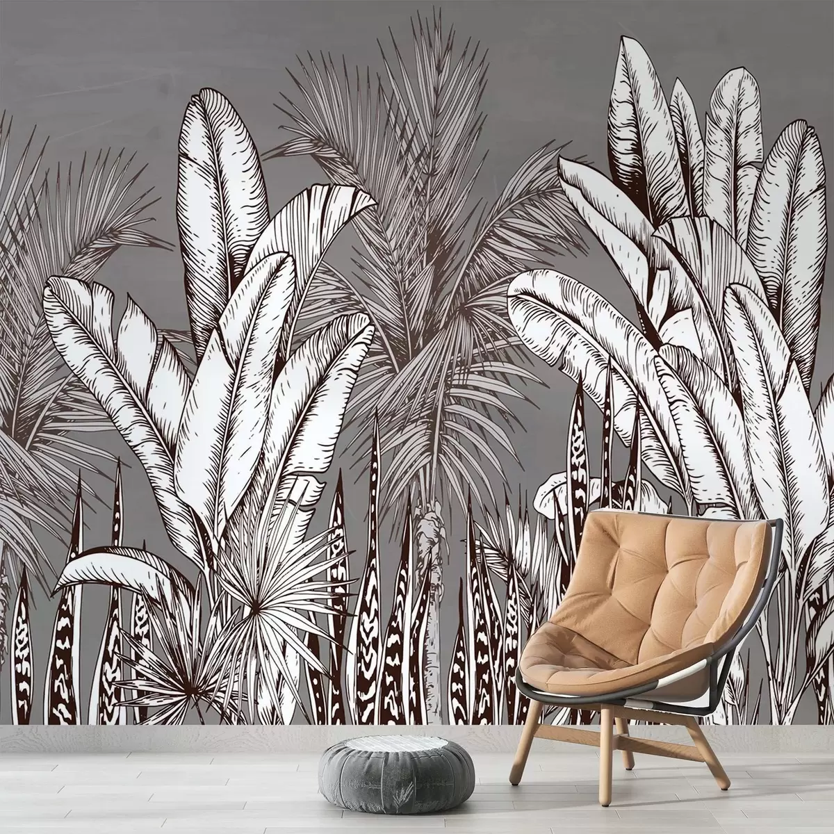 wall murals Узорак са тропским листовима на сивој позадини w02299