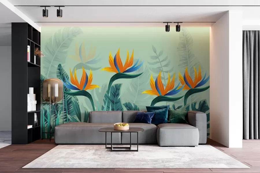 wall murals Светло лишће на зеленој позадини са белим линијама w02301
