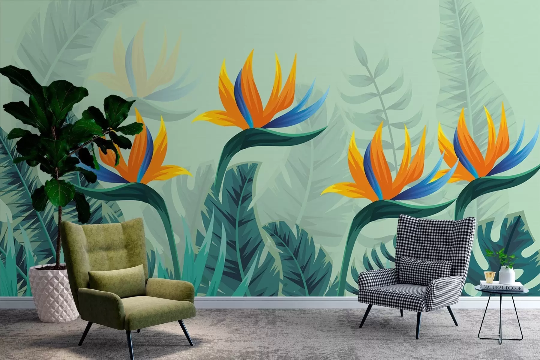 wall murals Светло лишће на зеленој позадини са белим линијама w02301