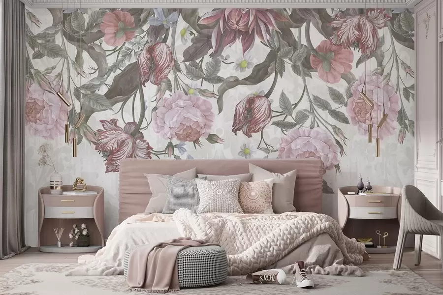 wall murals Бујни цветни аранжман са великим ружичастим и белим цветовима, са зеленим листовима и стабљикама w08435