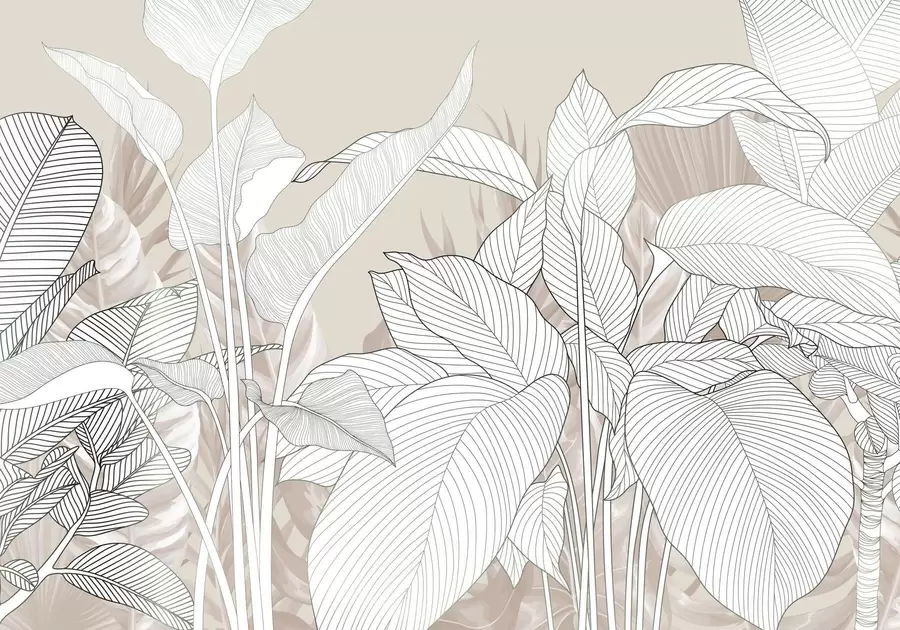 wall murals Једнобојна илустрација са великим, стилизованим листовима и лишћем са замршеним шарама и текстурама w08436v1