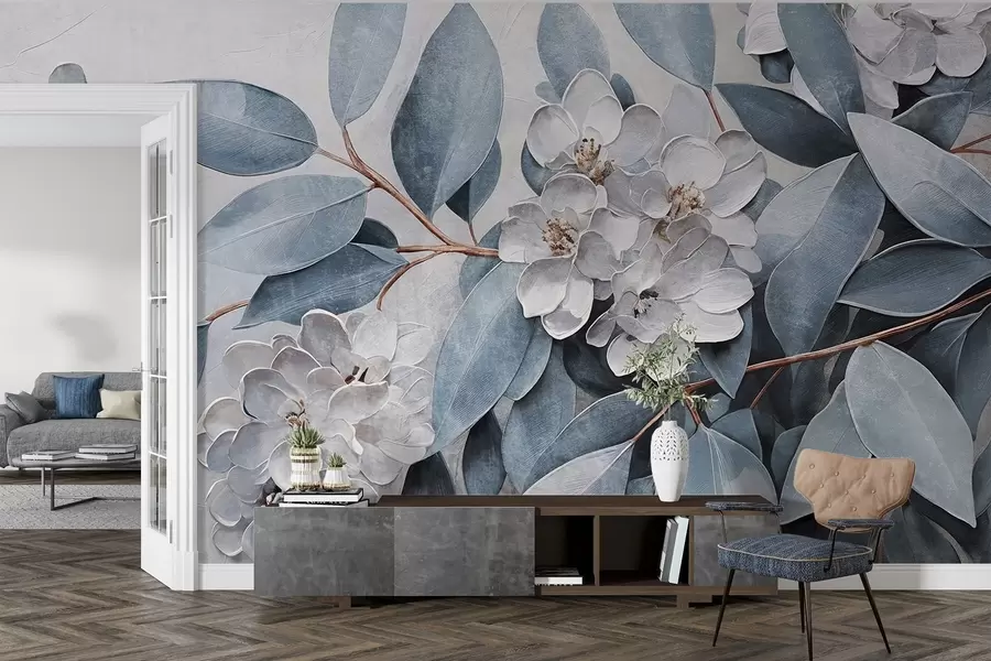 wall murals Нежно бело цвеће са сиво-зеленим листовима на мекој, пригушеној позадини у стилу уљаног сликарства w08437