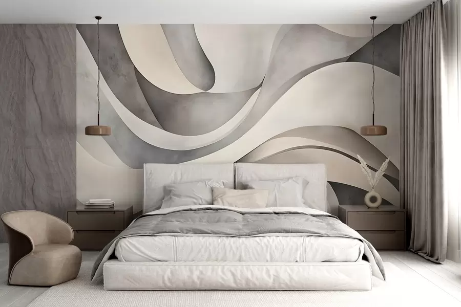 wall murals Бели, беж и сиви закривљени облици и форме стварају апстрактну текстуру модерног минималистичког отиска w08439
